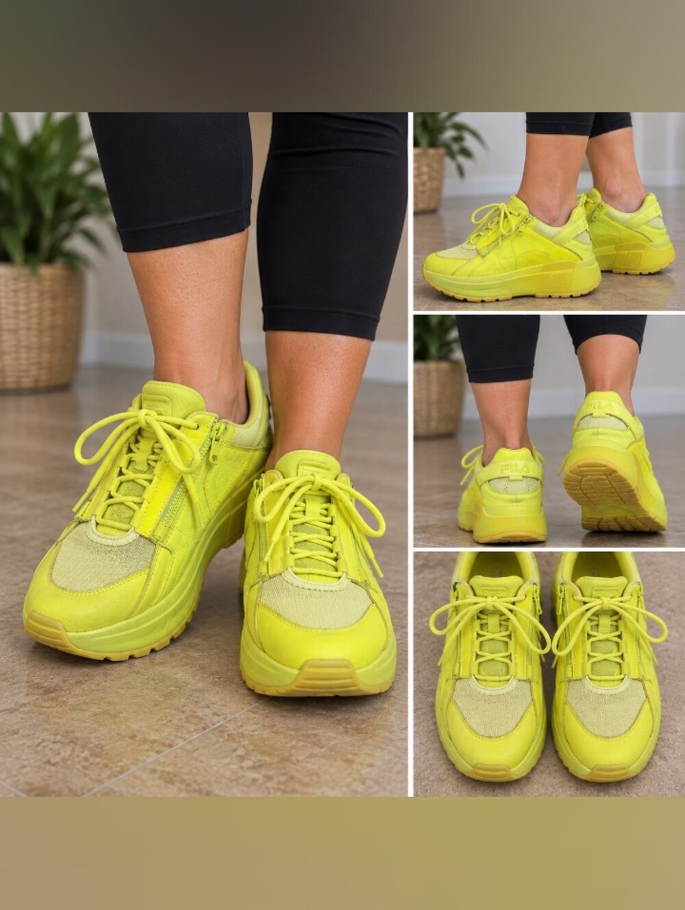 FILA Women's Neon Yellow Chunky Platform Sneakers Side Zip Size 8.5